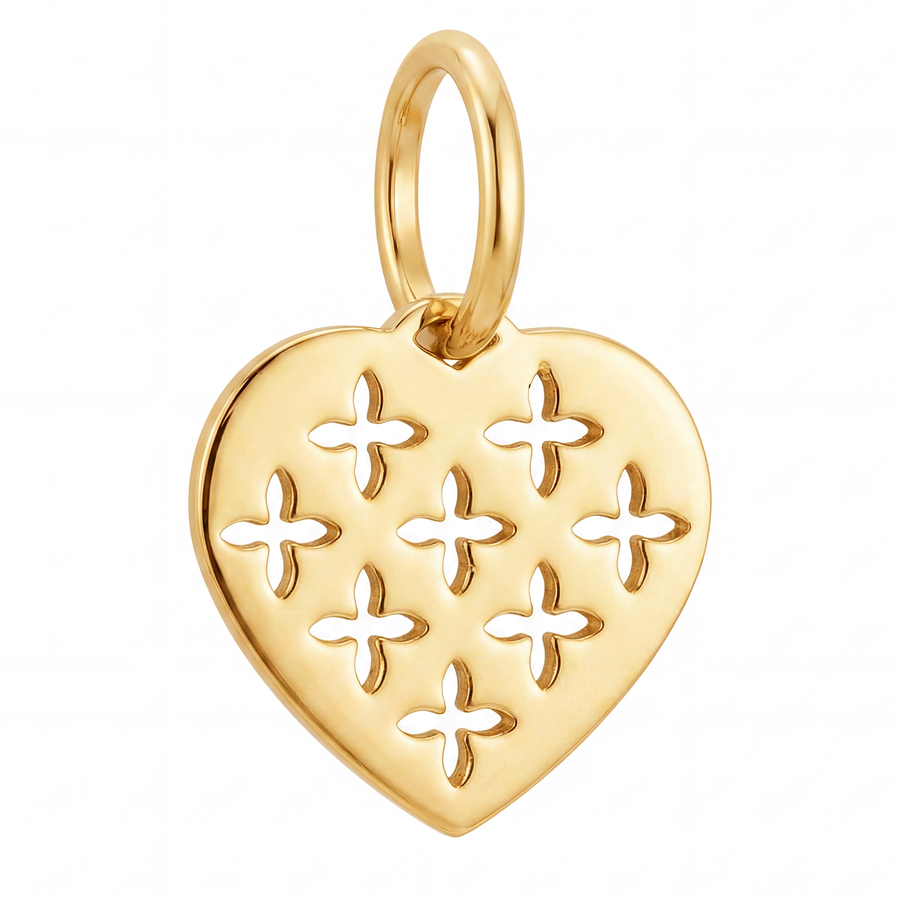 10K Yellow Gold Heart Pendant with Repeating Floral Cutwork Pattern Romantic Fine Jewelry