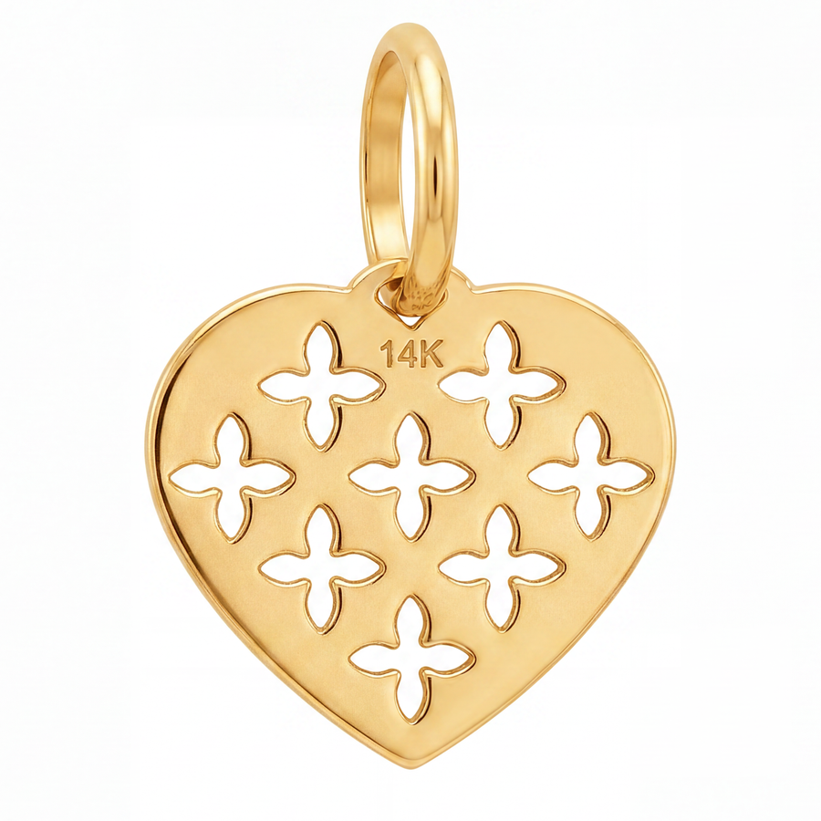 14K Yellow Gold Heart Pendant with Repeating Floral Cutwork Pattern Romantic Fine Jewelry