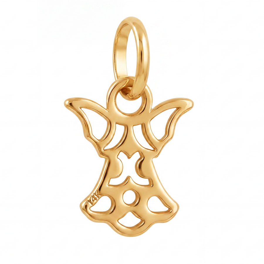 14K Yellow Gold Filigree Angel Pendant with Cutwork Wings and Decorative Body Fine Jewelry