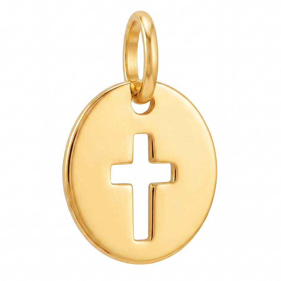 10K Yellow Gold Polished Round Pendant with Cross Cutout Religious Fine Jewelry Faith Gift