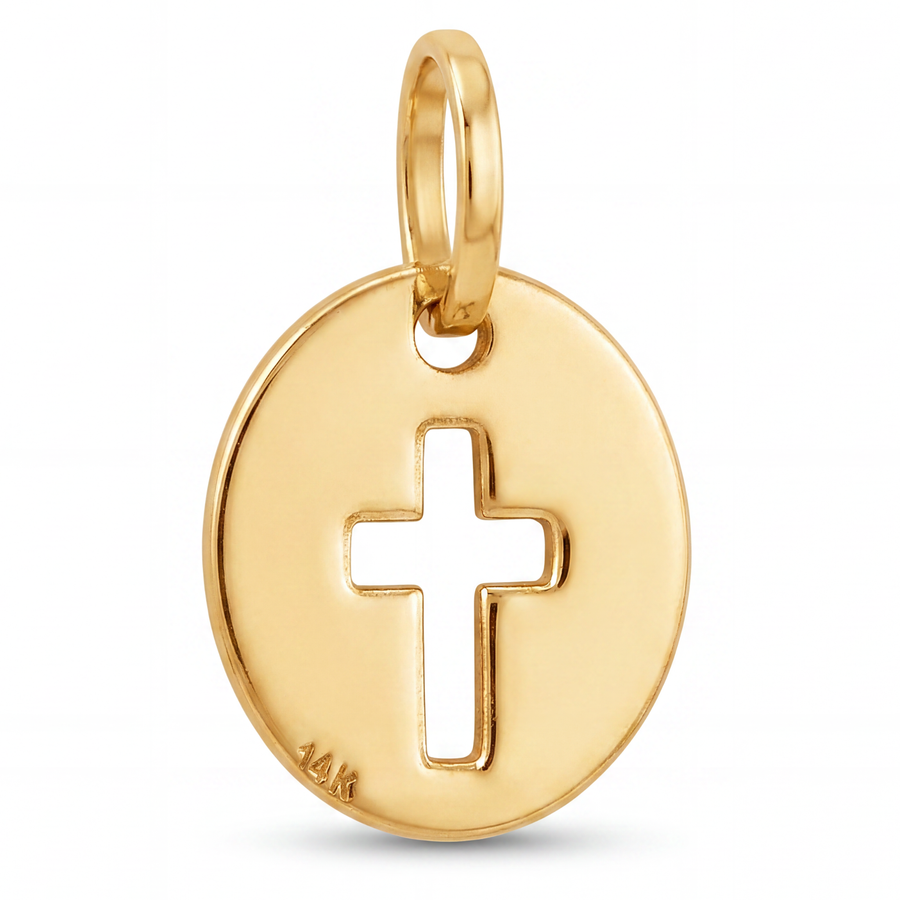 14K Yellow Gold Polished Round Pendant with Cross Cutout Religious Fine Jewelry Faith Gift