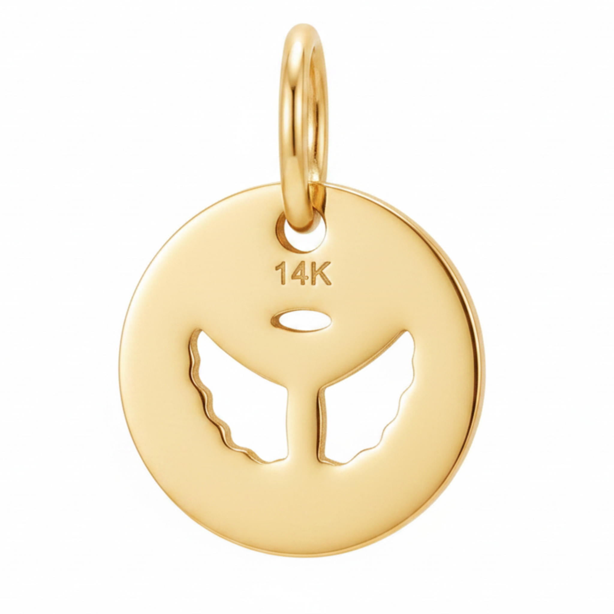 14K Yellow Gold Round Pendant with Angel Wings and Halo Cutout Spiritual Fine Jewelry Gift