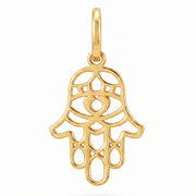 10K Yellow Gold Filigree Hamsa Hand Pendant with Evil Eye and Geometric Cutwork Spiritual Fine Jewelry