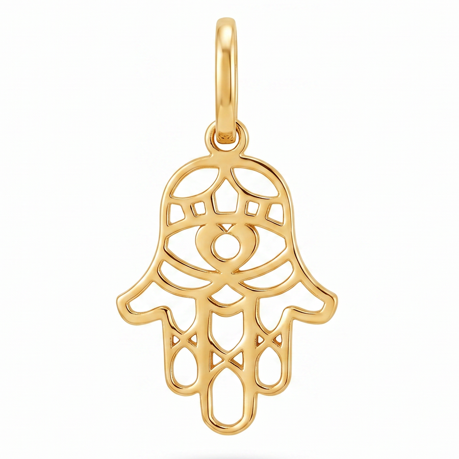 10K Yellow Gold Filigree Hamsa Hand Pendant with Evil Eye and Geometric Cutwork Spiritual Fine Jewelry