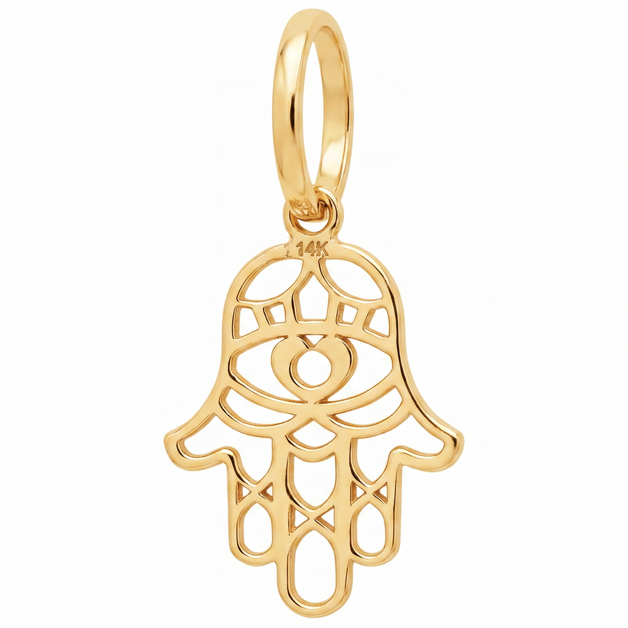 14K Yellow Gold Filigree Hamsa Hand Pendant with Evil Eye and Geometric Cutwork Spiritual Fine Jewelry