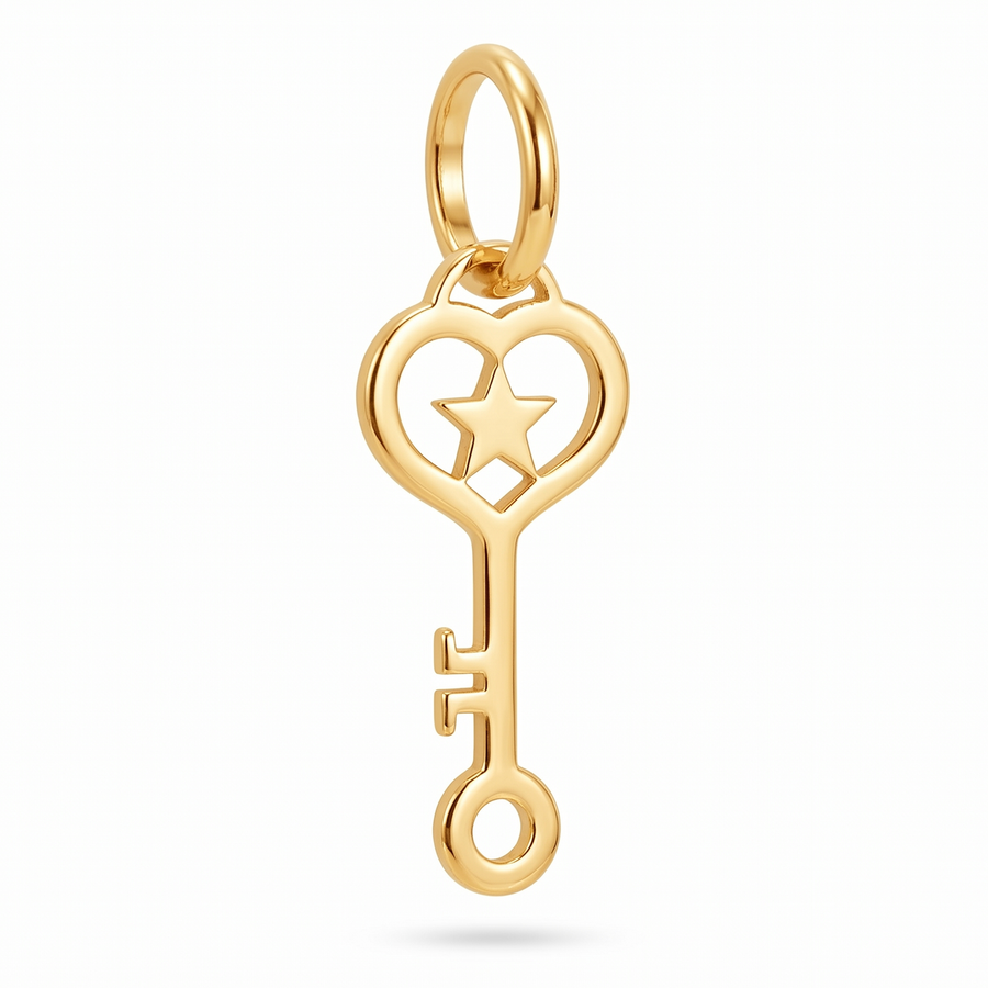 10K Yellow Gold Heart Key Pendant with Star Cutout Delicate Romantic Fine Jewelry Gift
