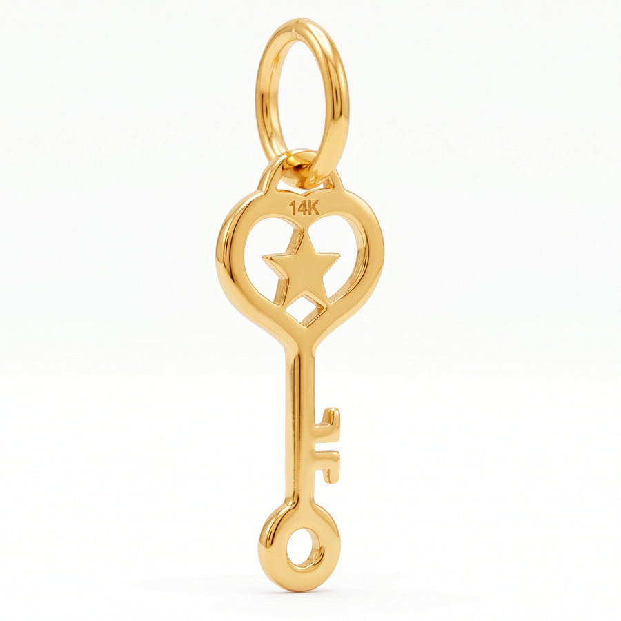 14K Yellow Gold Heart Key Pendant with Star Cutout Delicate Romantic Fine Jewelry Gift