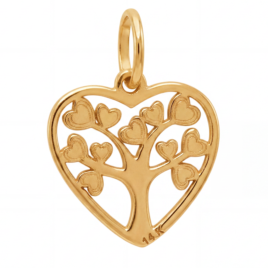 14K Yellow Gold Tree of Life Heart Pendant with Heart Shaped Leaves Romantic Fine Jewelry Gift