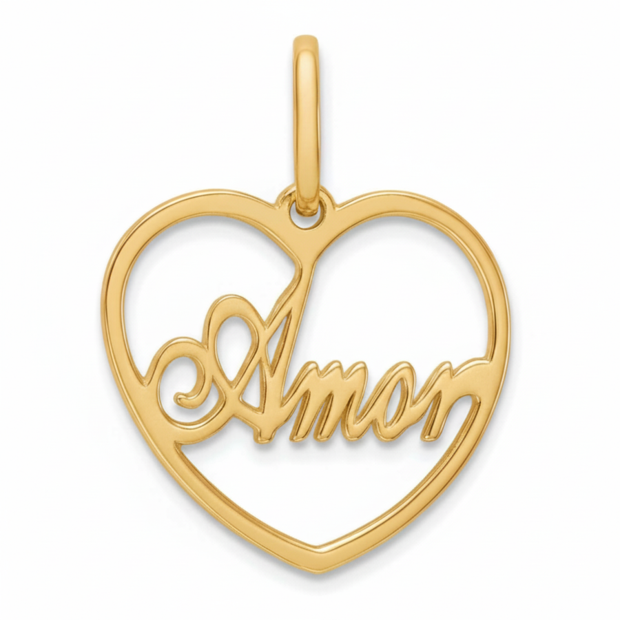 14K Yellow Gold Amor Heart Pendant with Cursive Script Romantic Fine Jewelry Gift