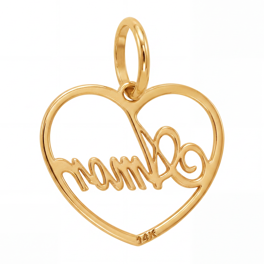 14K Yellow Gold Amor Heart Pendant with Cursive Script Romantic Fine Jewelry Gift