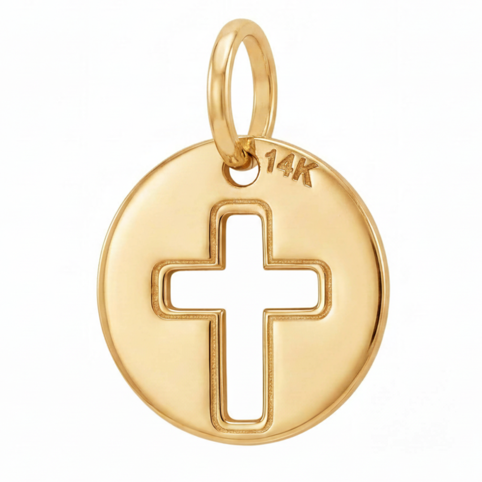 14K Yellow Gold Round Pendant with Cross Cutout Religious Fine Jewelry Meaningful Faith Gift