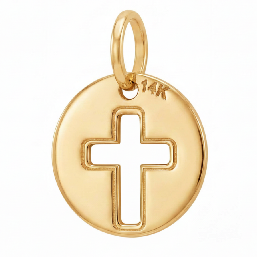 14K Yellow Gold Round Pendant with Cross Cutout Religious Fine Jewelry Meaningful Faith Gift