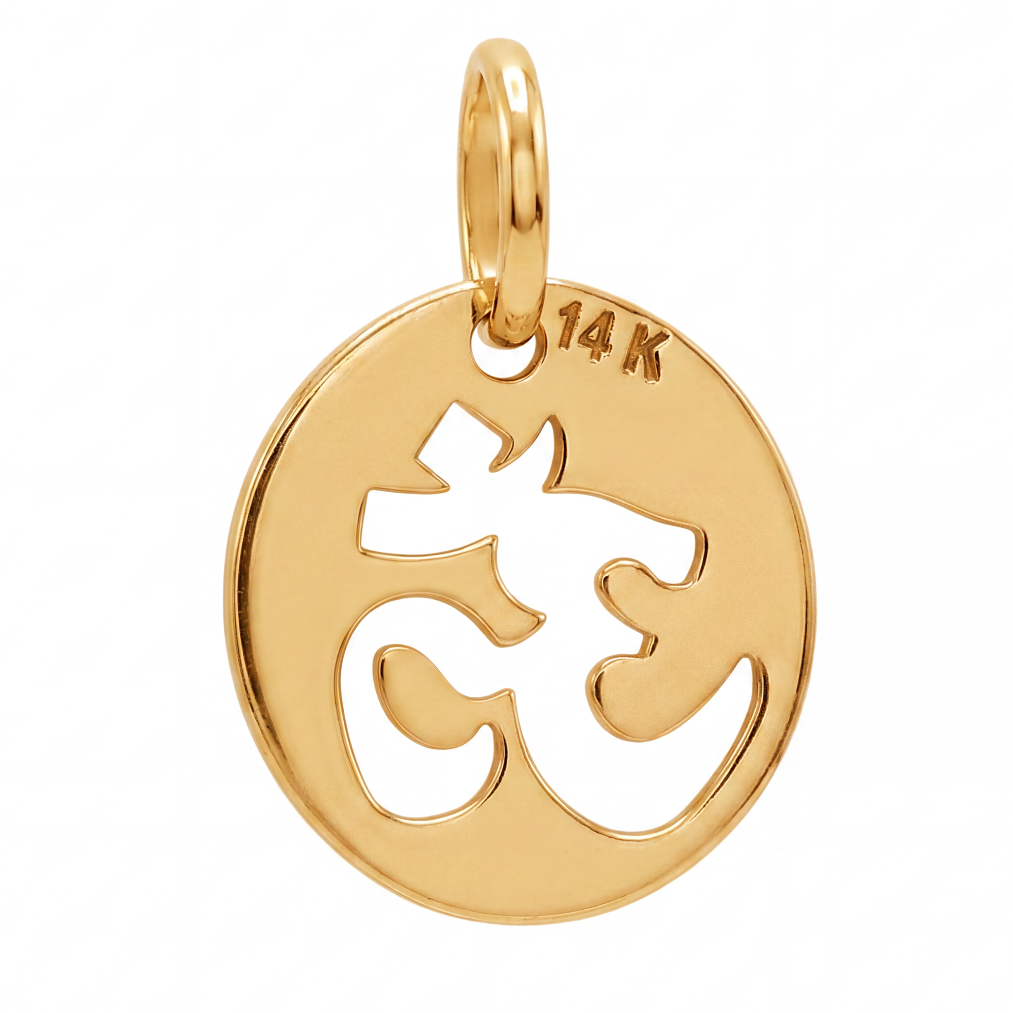 14K Yellow Gold Round Pendant with Om Aum Symbol Cutout Spiritual Mindfulness Fine Jewelry
