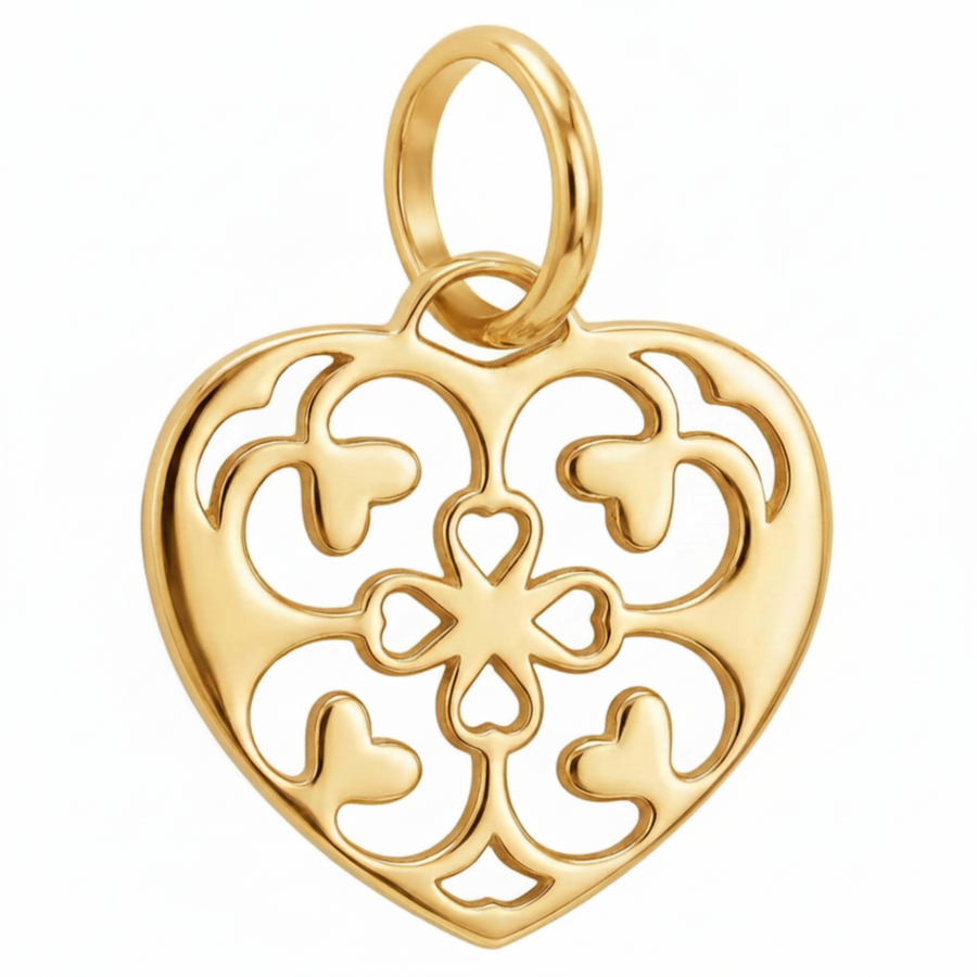 14K Yellow Gold Filigree Heart Pendant with Scrollwork and Heart Cutwork Delicate Fine Jewelry
