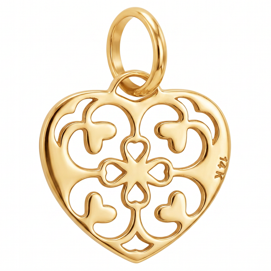 14K Yellow Gold Filigree Heart Pendant with Scrollwork and Heart Cutwork Delicate Fine Jewelry