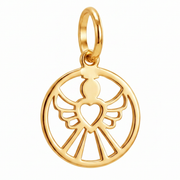 10K Yellow Gold Round Pendant with Angel Wings and Heart Cutwork Spiritual Fine Jewelry Gift