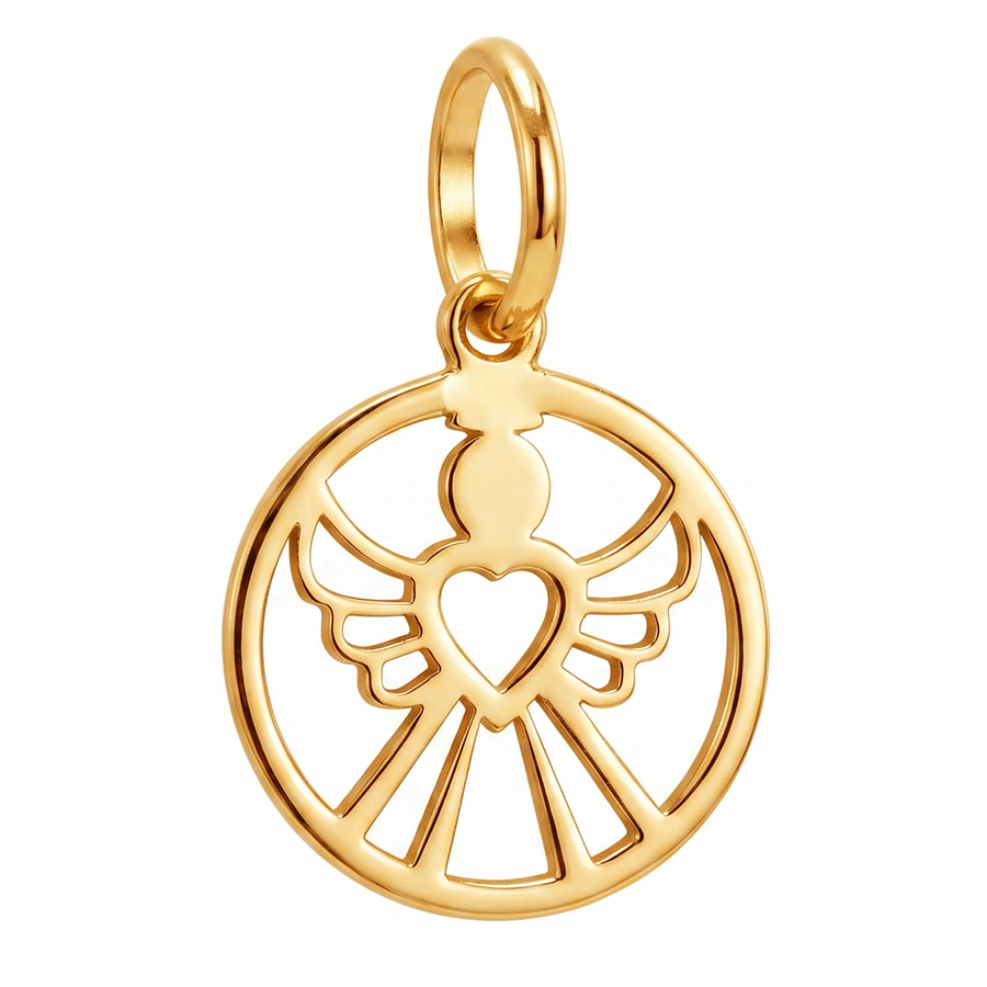 10K Yellow Gold Round Pendant with Angel Wings and Heart Cutwork Spiritual Fine Jewelry Gift