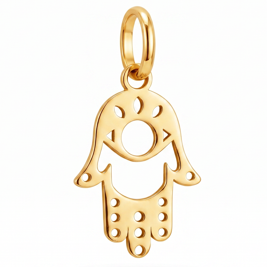 14K Yellow Gold Hamsa Hand Pendant with Evil Eye and Geometric Cutwork Spiritual Fine Jewelry