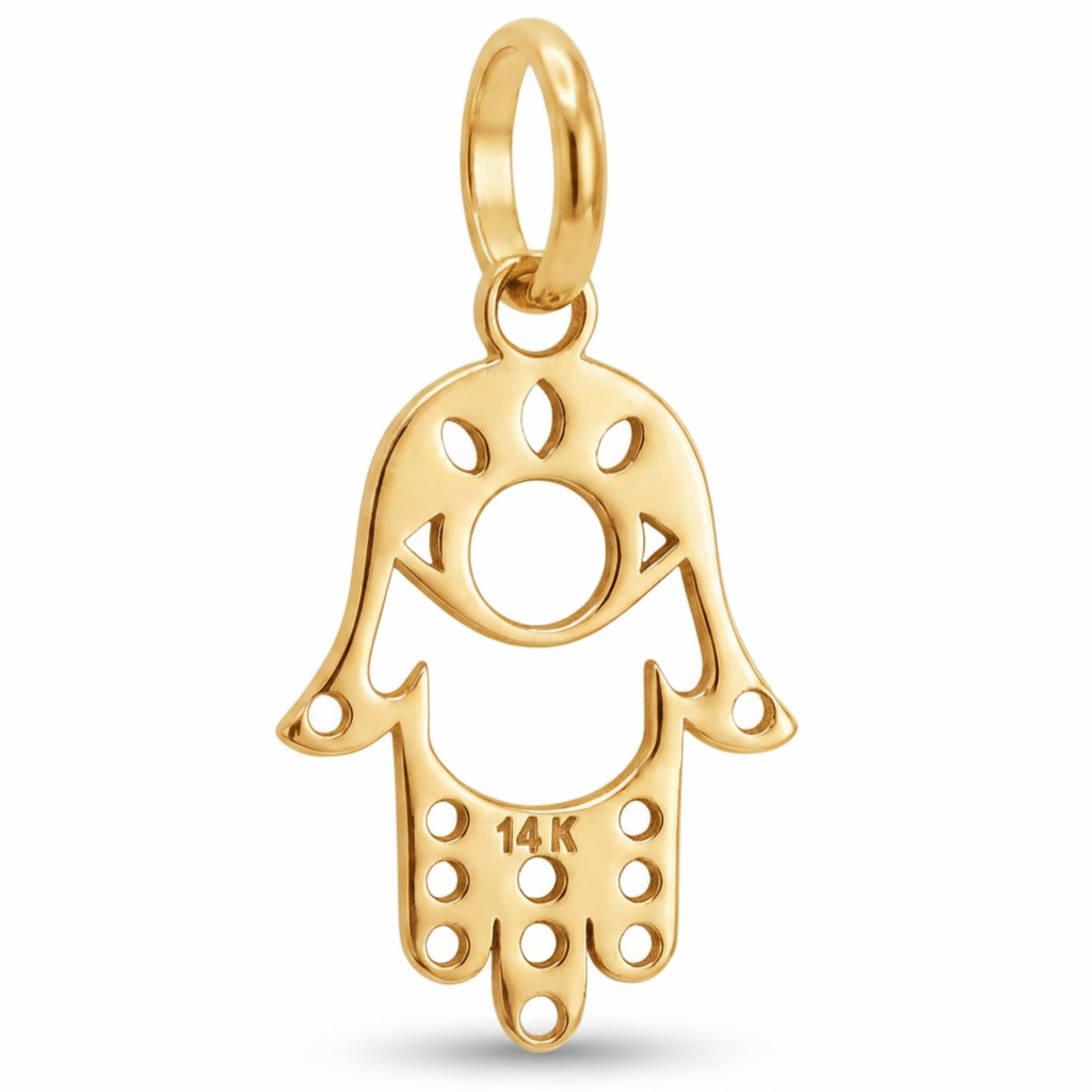 14K Yellow Gold Hamsa Hand Pendant with Evil Eye and Geometric Cutwork Spiritual Fine Jewelry