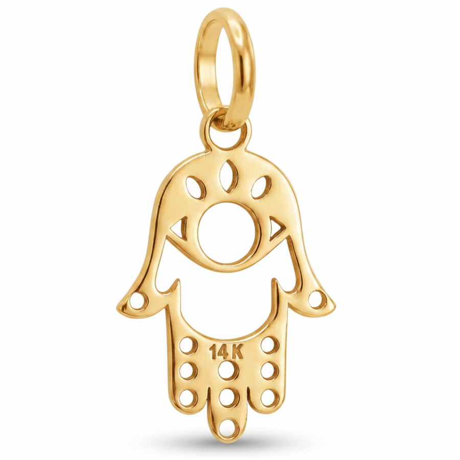14K Yellow Gold Hamsa Hand Pendant with Evil Eye and Geometric Cutwork Spiritual Fine Jewelry