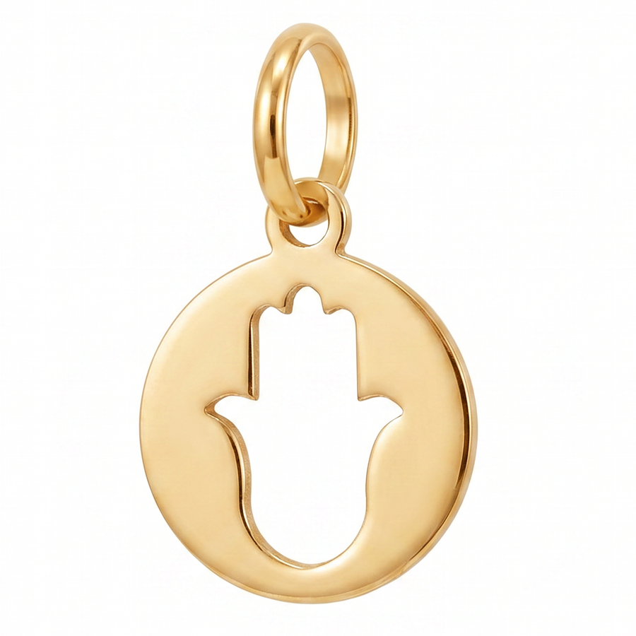 10K Yellow Gold Round Pendant with Hamsa Hand Cutout Delicate Spiritual Protection Fine Jewelry