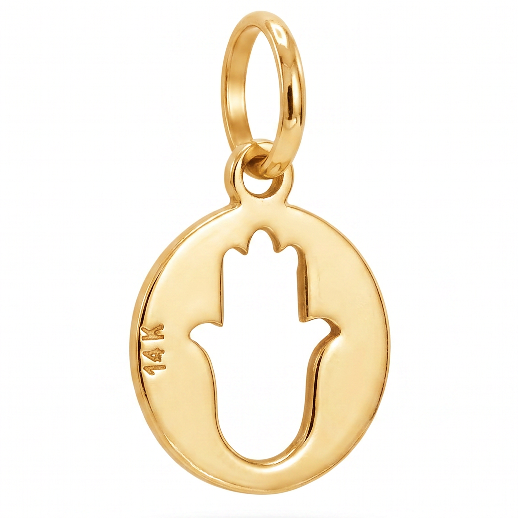 14K Yellow Gold Round Pendant with Hamsa Hand Cutout Delicate Spiritual Protection Fine Jewelry