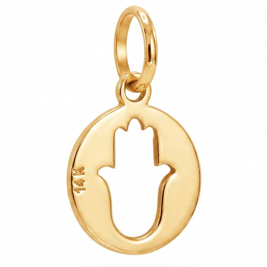 14K Yellow Gold Round Pendant with Hamsa Hand Cutout Delicate Spiritual Protection Fine Jewelry