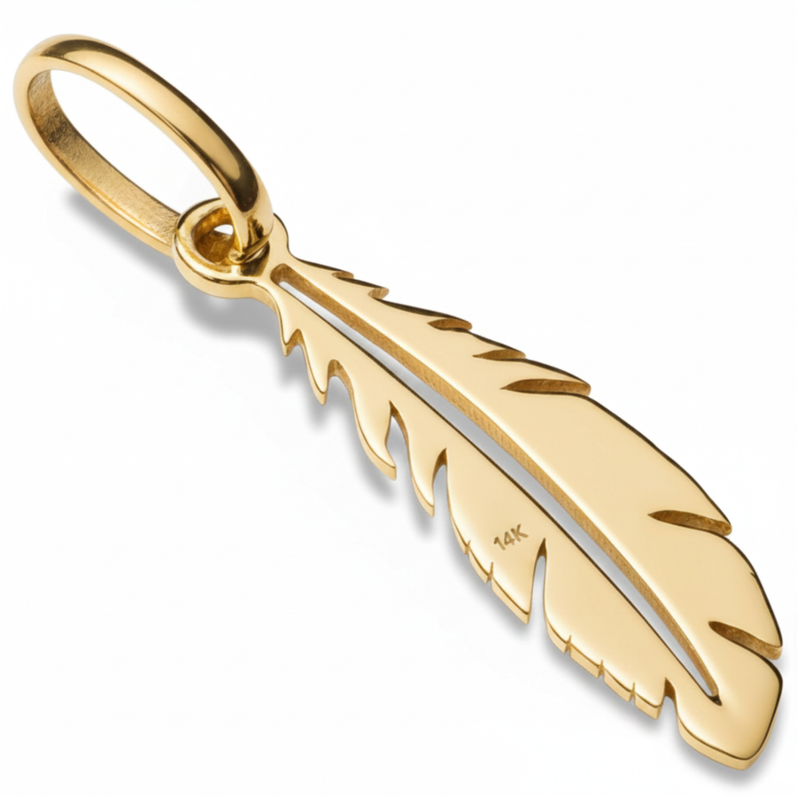 14k Yellow Gold Feather Charm Pendant Elegant Dainty Women Fine Jewelry Gift