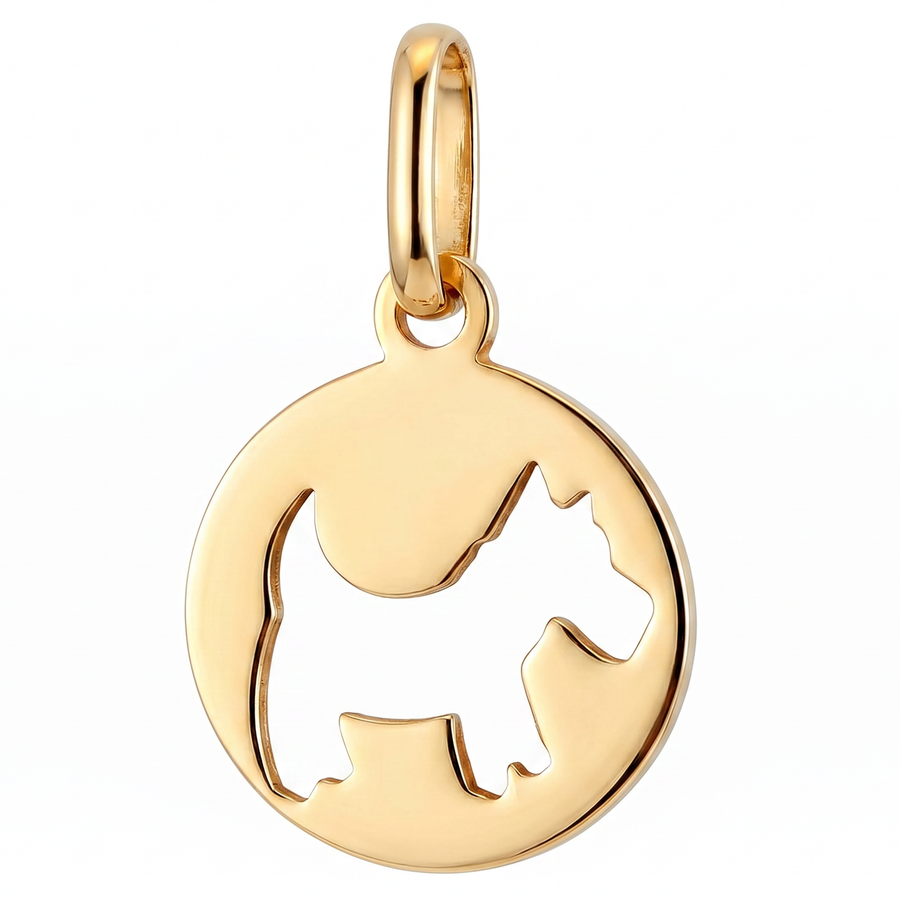 10K Yellow Gold Terrier Dog Silhouette Round Charm Pendant Delicate Fine Jewelry Gift