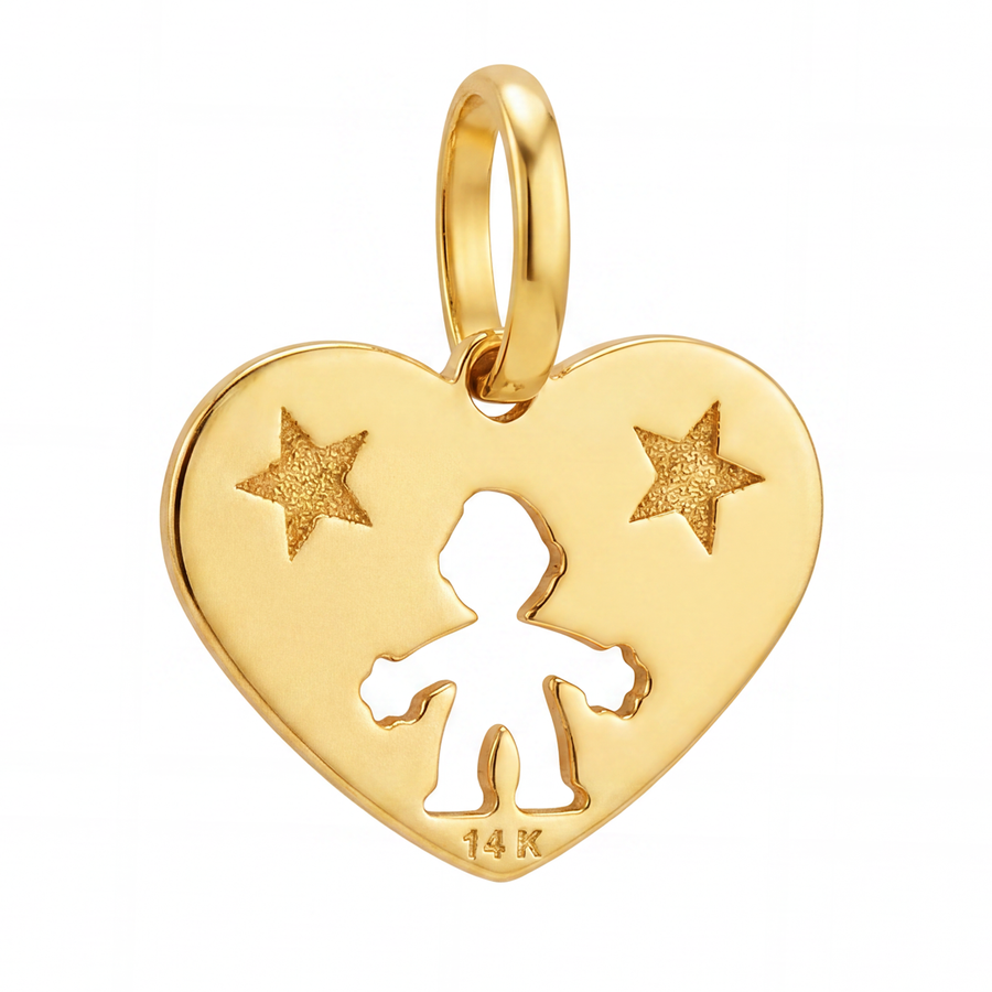 14K Yellow Gold Heart Pendant with Boy Silhouette and Stars Sentimental Fine Jewelry Gift