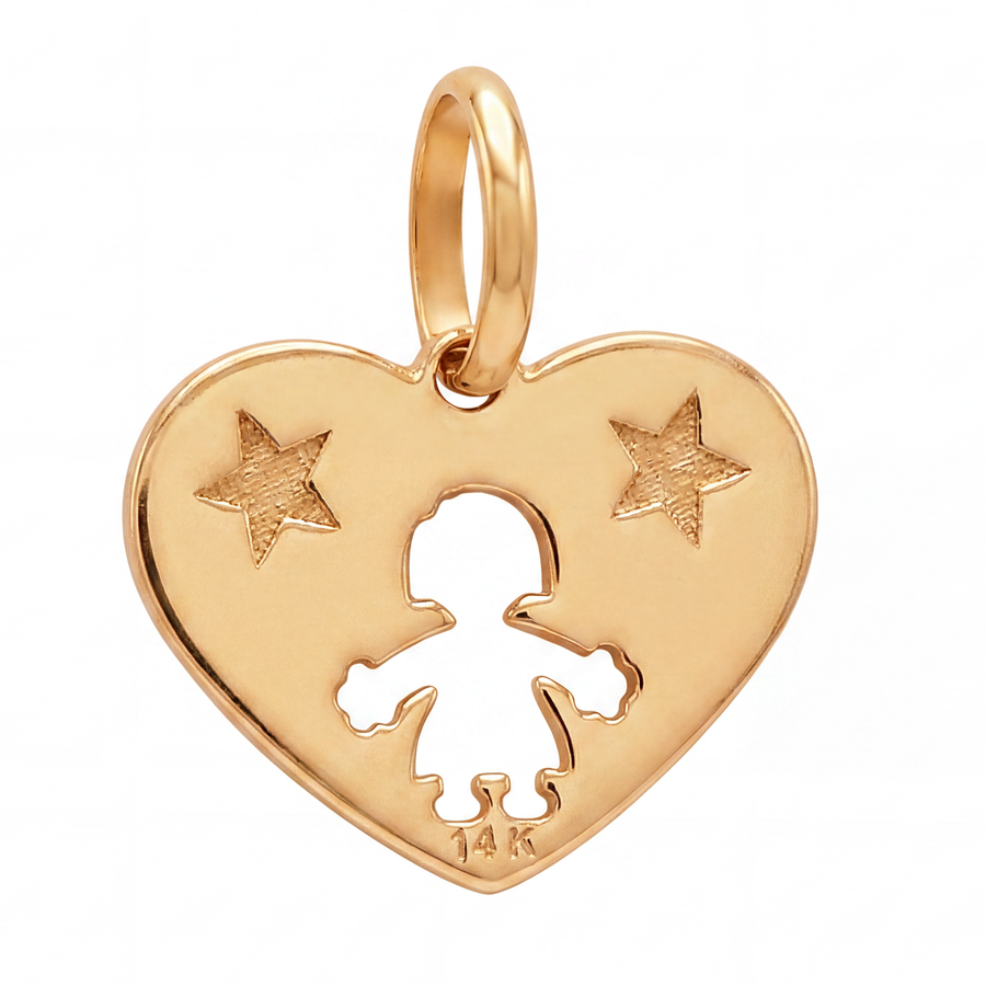 14K Yellow Gold Heart Pendant with Girl Silhouette and Stars Sentimental Fine Jewelry Gift
