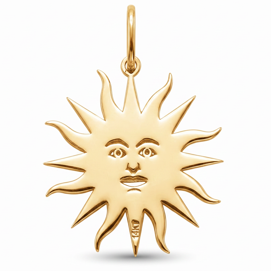 14K Yellow Gold Sun Face Charm Pendant Detailed Rays Celestial Fine Jewelry Gift