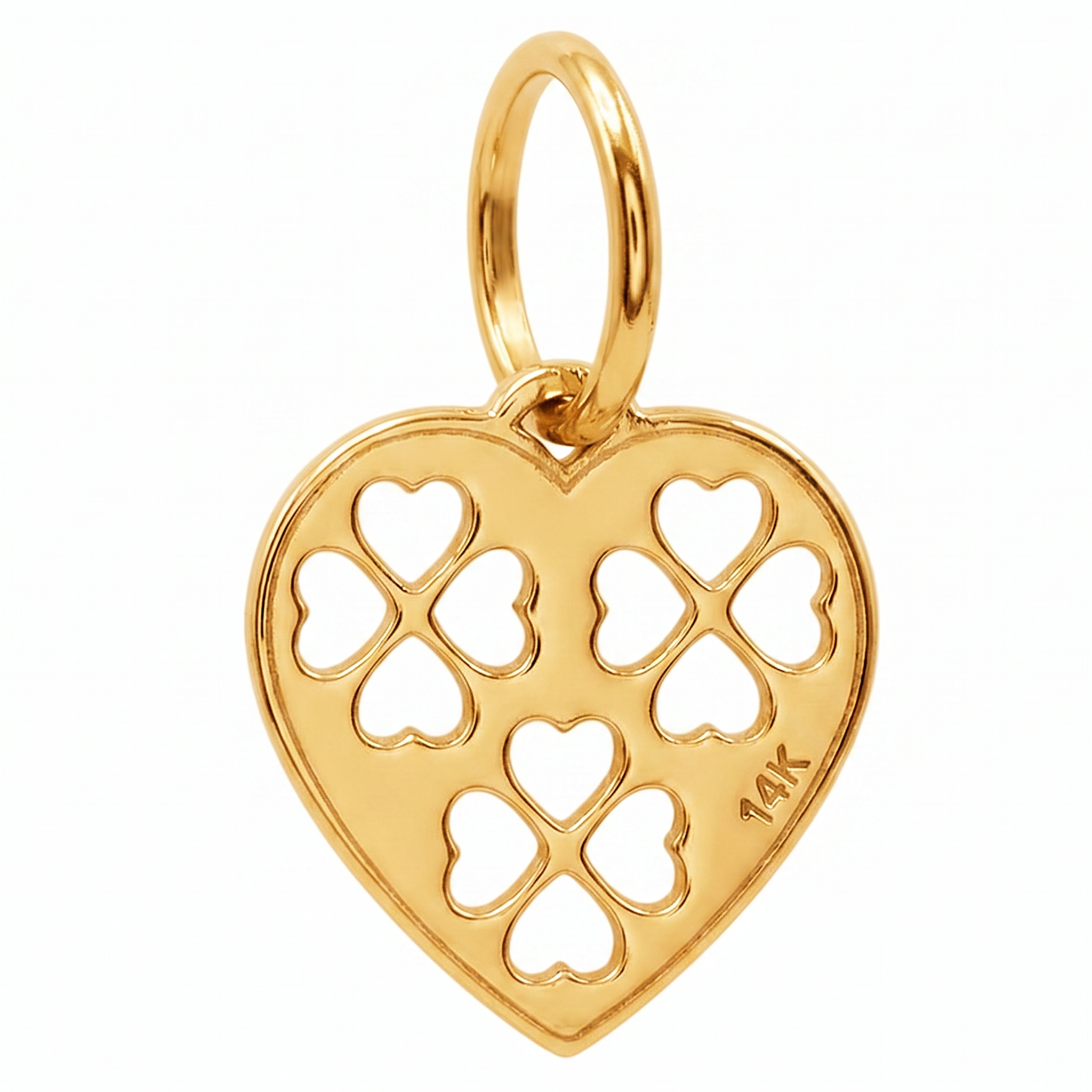 14K Yellow Gold Heart Clover Cutwork Charm Pendant Delicate Fine Jewelry Lucky Gift