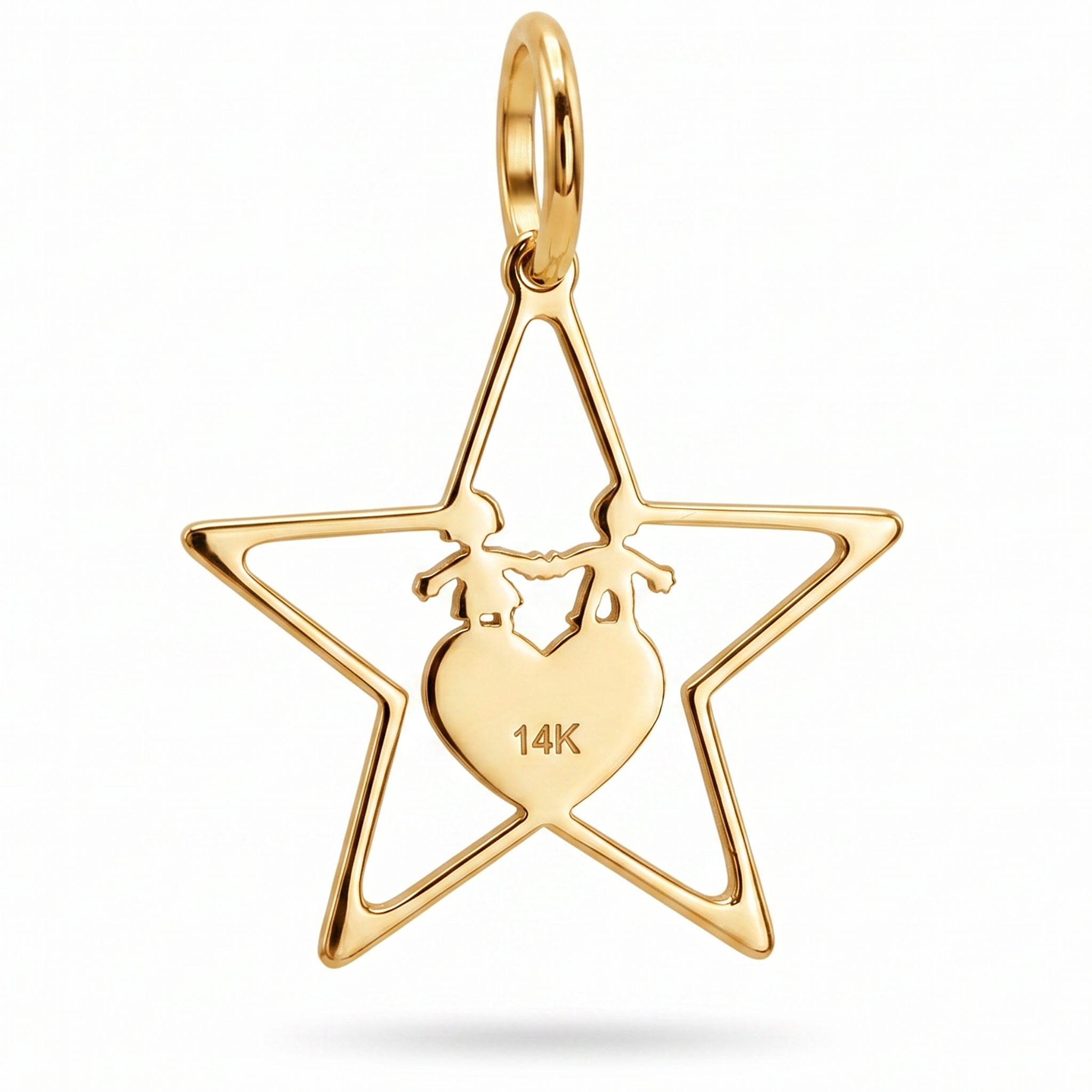 14K Yellow Gold Open Star Mom Pendant with Children Silhouettes and Engraved Heart Fine Jewelry