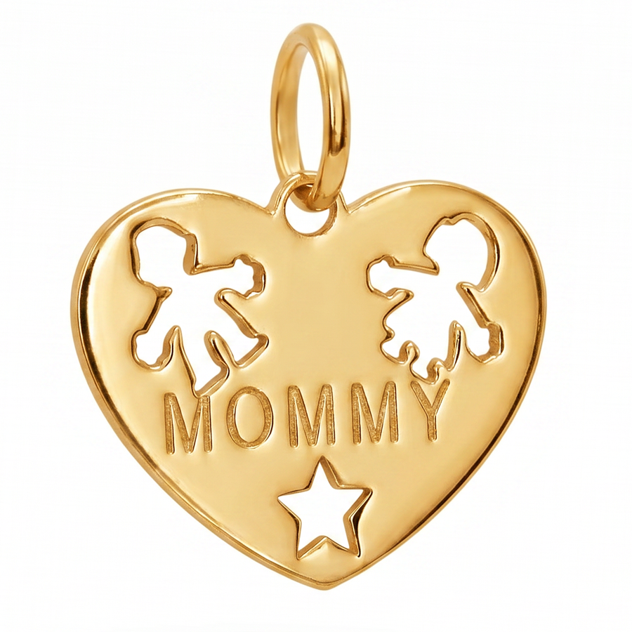 10K Yellow Gold Mommy Heart Pendant with Children Silhouettes and Star Cutwork Fine Jewelry