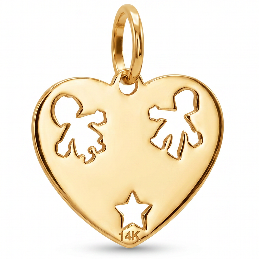 14K Yellow Gold Mommy Heart Pendant with Children Silhouettes and Star Cutwork Fine Jewelry