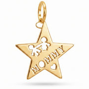 14K Yellow Gold Mommy Star Pendant with Children Silhouettes and Heart Cutwork Fine Jewelry