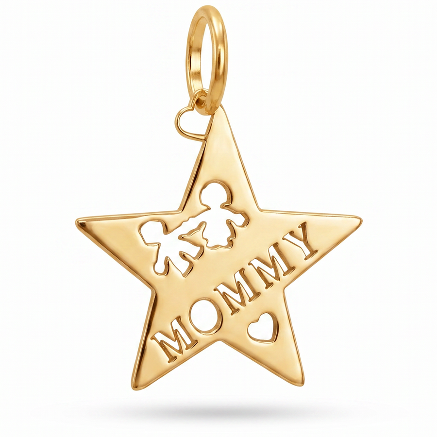 10K Yellow Gold Mommy Star Pendant with Children Silhouettes and Heart Cutwork Fine Jewelry