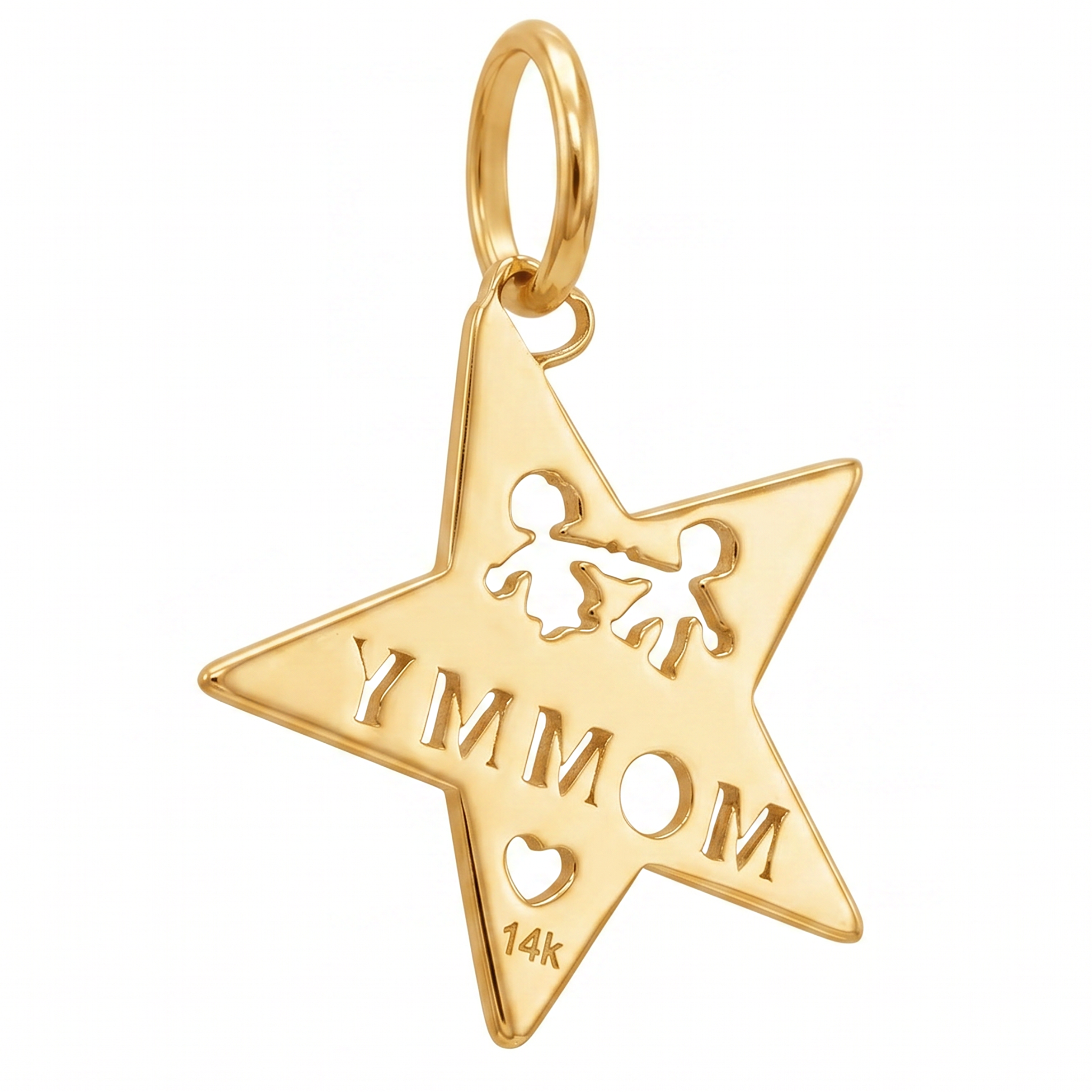 14K Yellow Gold Mommy Star Pendant with Children Silhouettes and Heart Cutwork Fine Jewelry