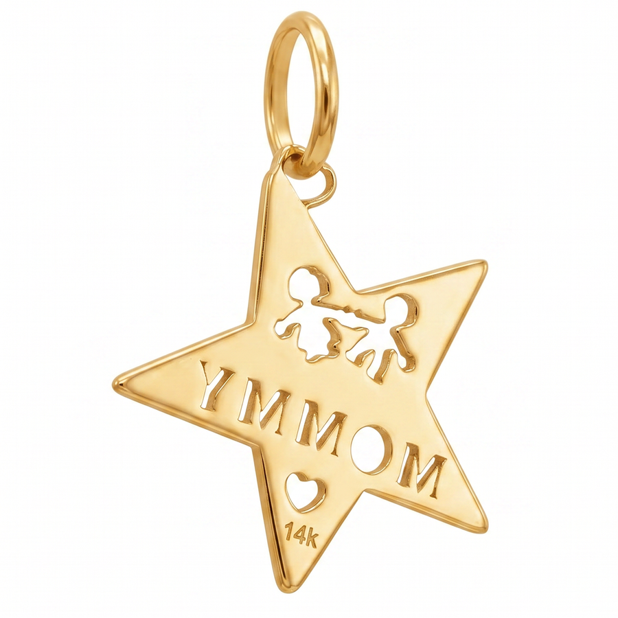 14K Yellow Gold Mommy Star Pendant with Children Silhouettes and Heart Cutwork Fine Jewelry