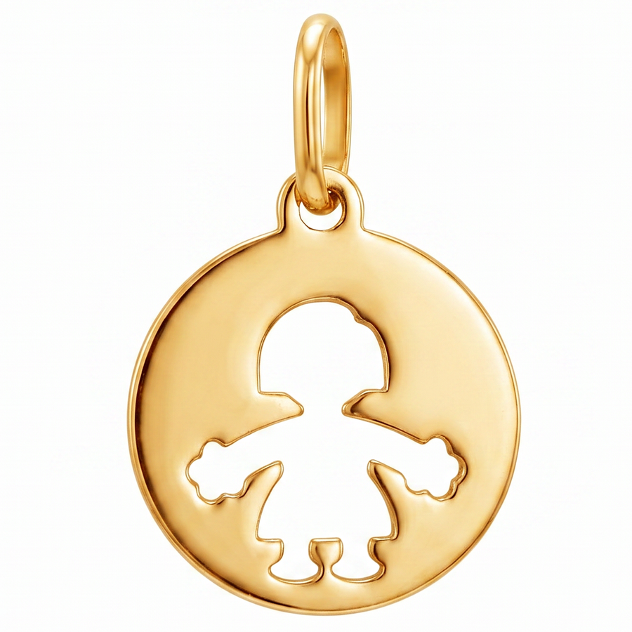 14K Yellow Gold Little Girl Silhouette Round Charm Pendant Delicate Fine Jewelry Gift