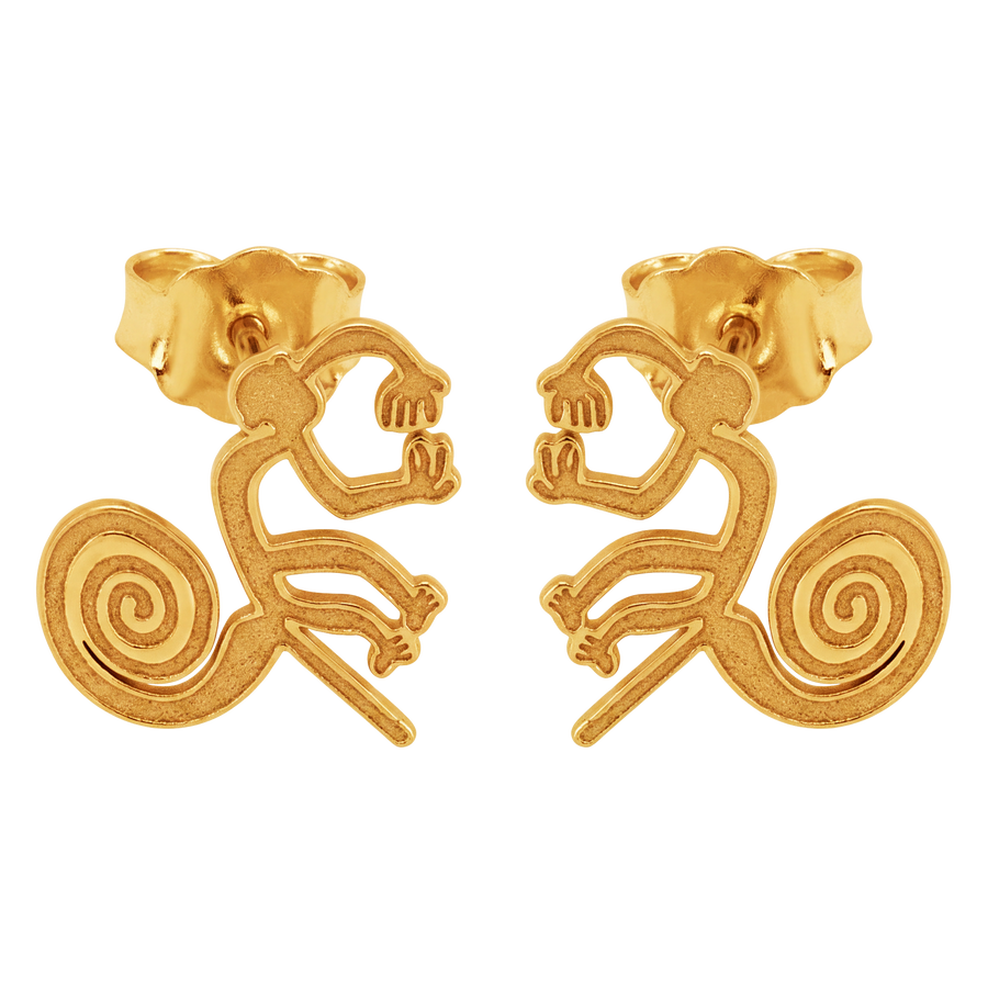 Nazca Lines Monkey Geoglyph Stud Earrings in 14K Yellow Gold | Ancient Peruvian Wonder
