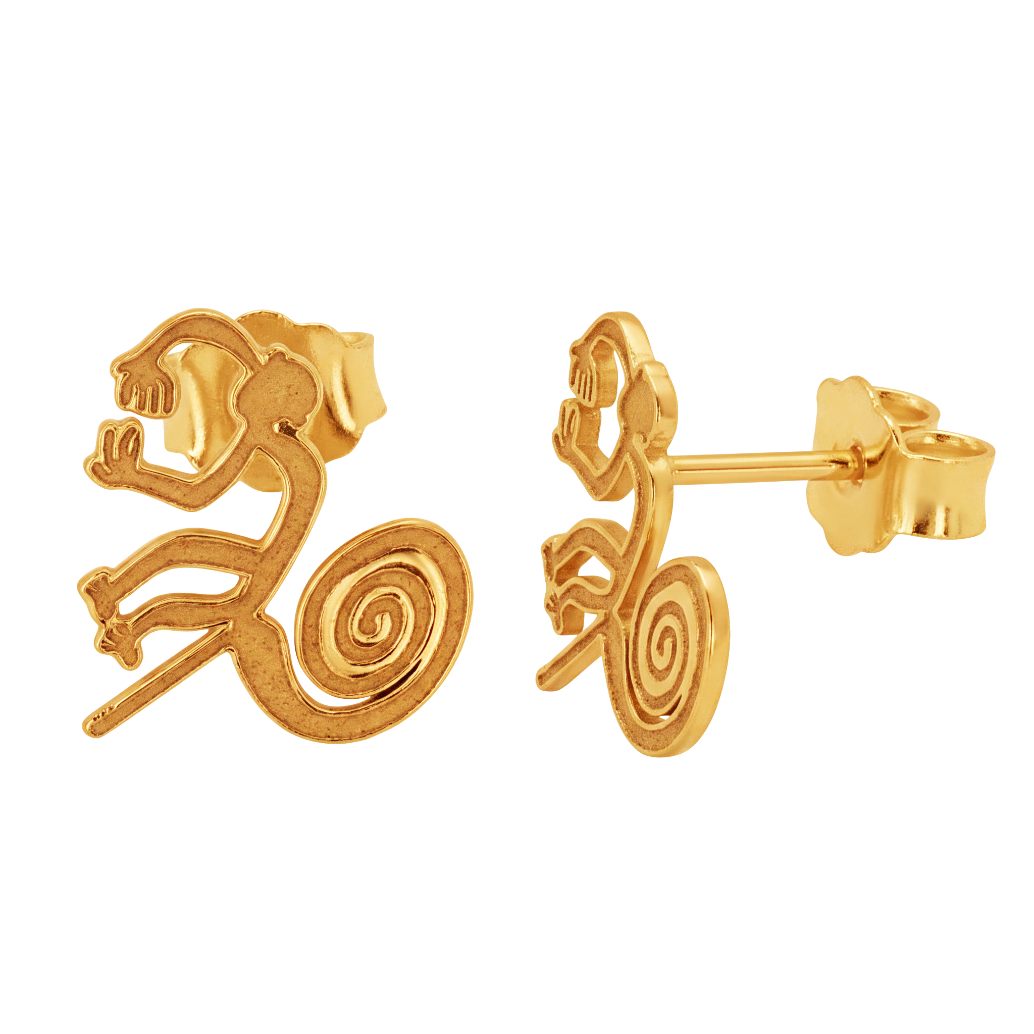 Nazca Lines Monkey Geoglyph Stud Earrings in 14K Yellow Gold | Ancient Peruvian Wonder