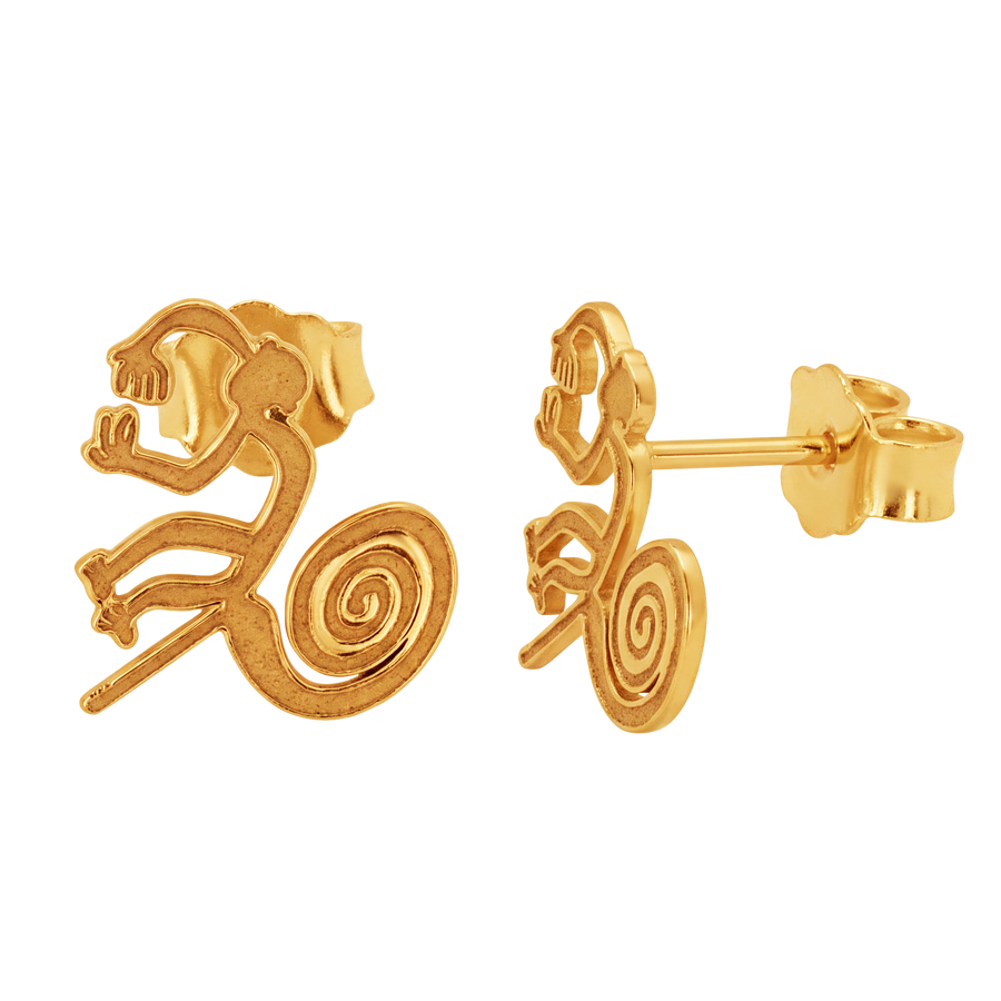 Nazca Lines Monkey Geoglyph Stud Earrings in 14K Yellow Gold | Ancient Peruvian Wonder