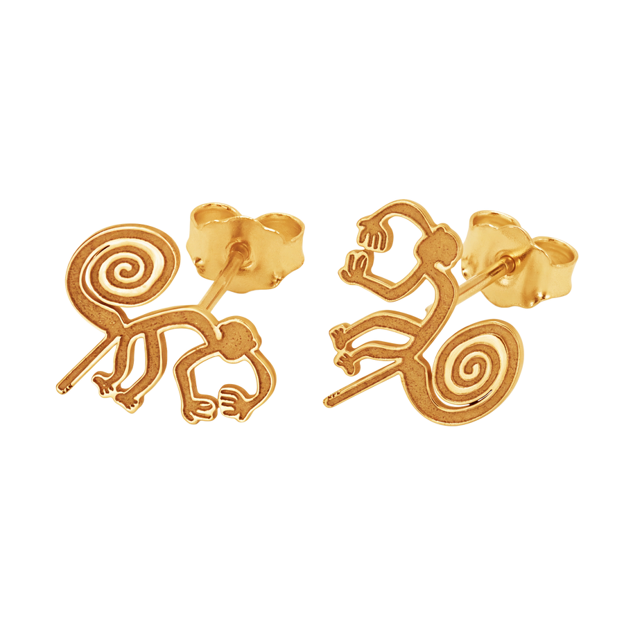 Nazca Lines Monkey Geoglyph Stud Earrings in 14K Yellow Gold | Ancient Peruvian Wonder