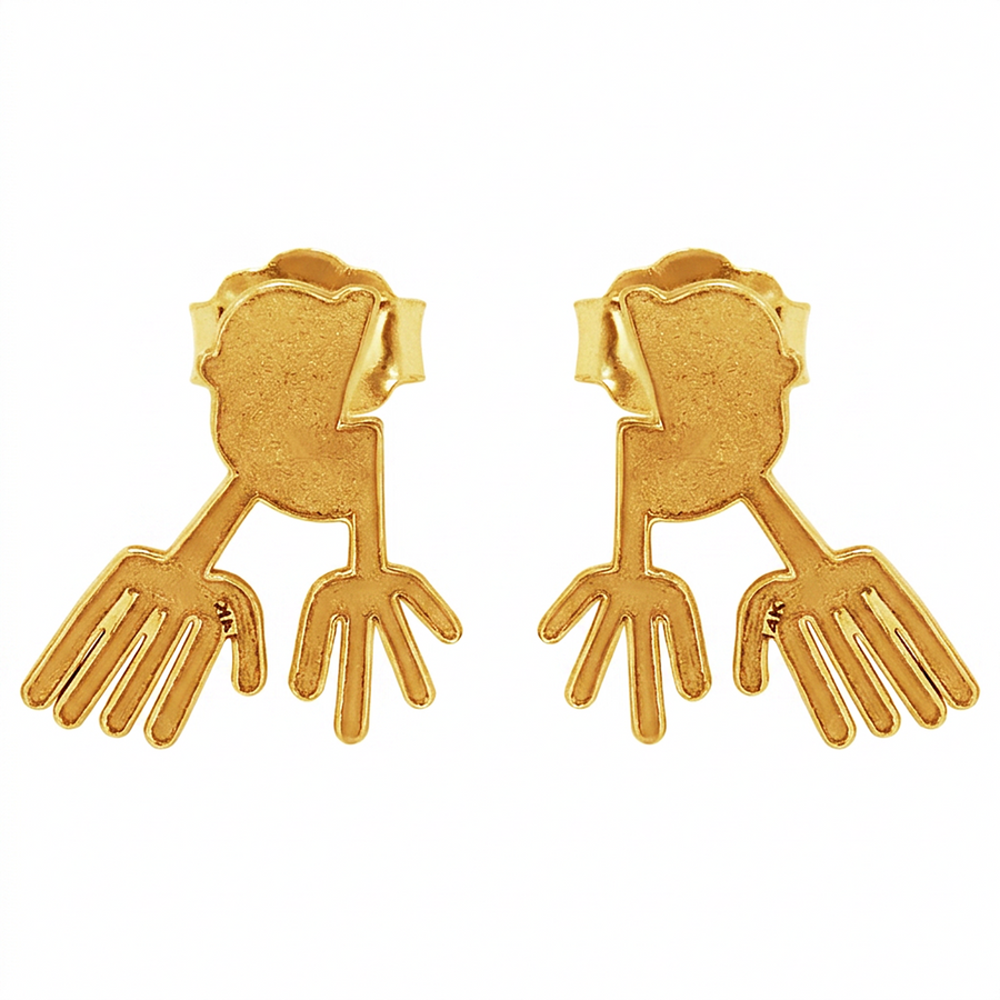 Nazca Lines Hands Geoglyph Stud Earrings in 14K Yellow Gold | Ancient Peruvian Wonder