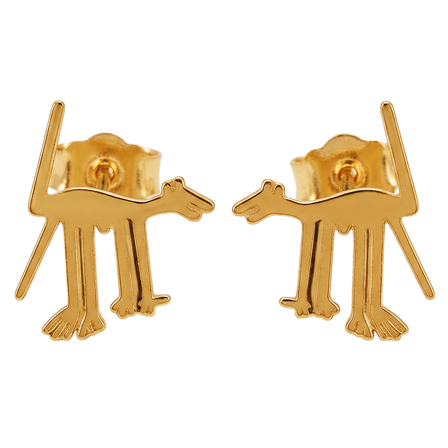 14K Yellow Gold Nazca Lines Dog Geoglyph Stud Earrings — Ancient Peru World Wonder