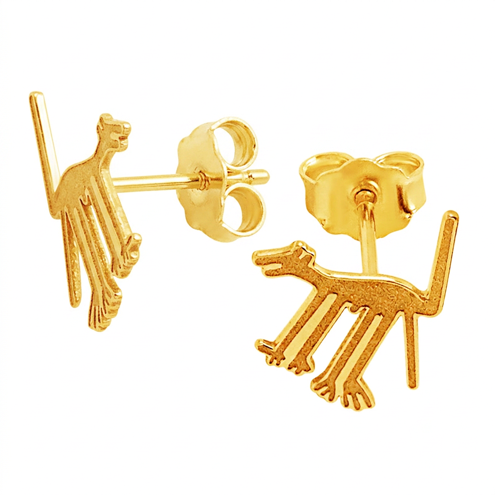 14K Yellow Gold Nazca Lines Dog Geoglyph Stud Earrings — Ancient Peru World Wonder