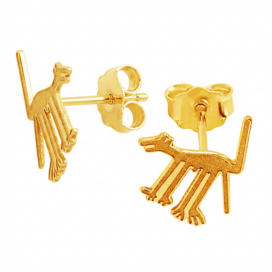 14K Yellow Gold Nazca Lines Dog Geoglyph Stud Earrings — Ancient Peru World Wonder