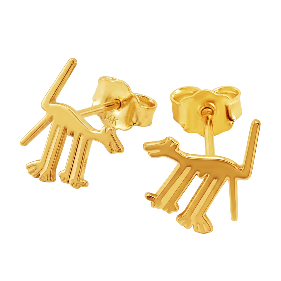 14K Yellow Gold Nazca Lines Dog Geoglyph Stud Earrings — Ancient Peru World Wonder